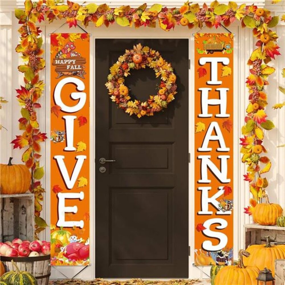 GIVE THANKS Hanging Banner Porch Sign Autumn Pumpkin Maple Leaf Backdrop Flag